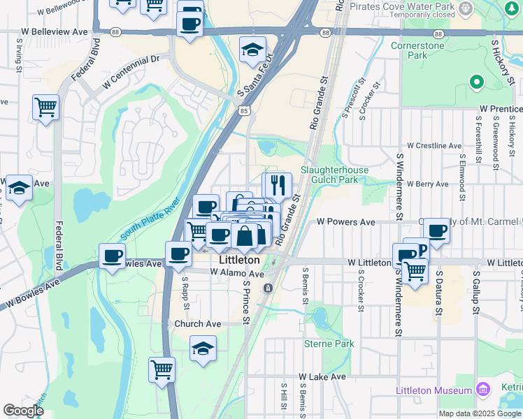 map of restaurants, bars, coffee shops, grocery stores, and more near 5612 South Sycamore Street in Littleton