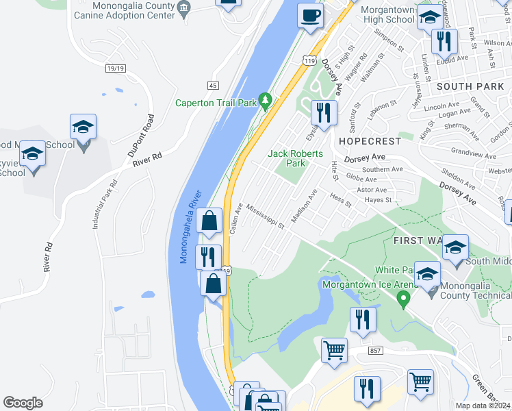 map of restaurants, bars, coffee shops, grocery stores, and more near 669 Madigan Avenue in Morgantown