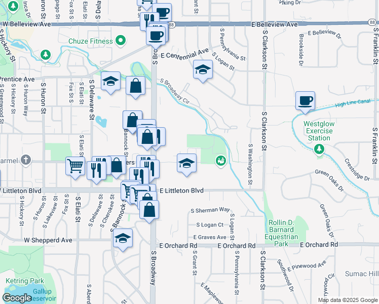 map of restaurants, bars, coffee shops, grocery stores, and more near 5560 South Sherman Street in Littleton