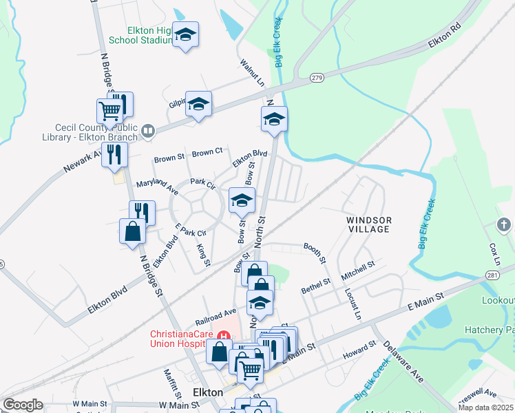 map of restaurants, bars, coffee shops, grocery stores, and more near 450 North Street in Elkton