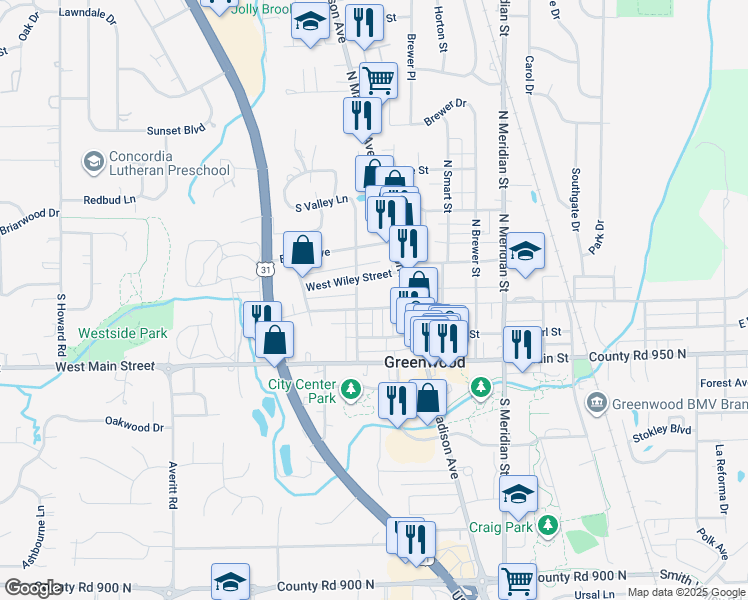 map of restaurants, bars, coffee shops, grocery stores, and more near 379 West Broadway Street in Greenwood