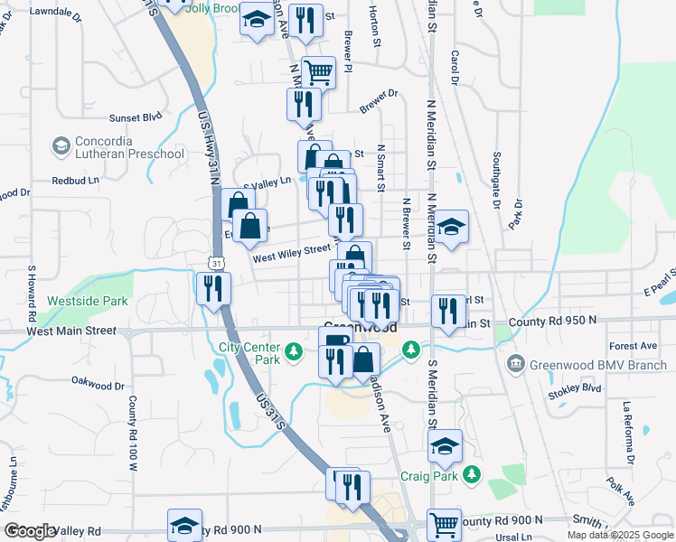 map of restaurants, bars, coffee shops, grocery stores, and more near 52 South Madison Avenue in Greenwood