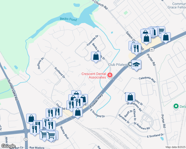 map of restaurants, bars, coffee shops, grocery stores, and more near 115 Whitburn Place in Newark