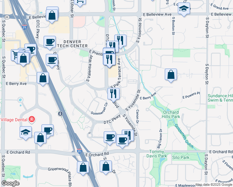 map of restaurants, bars, coffee shops, grocery stores, and more near 5677 South Park Place in Greenwood Village