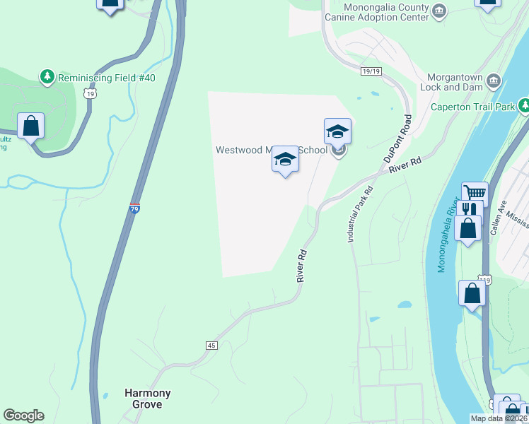 map of restaurants, bars, coffee shops, grocery stores, and more near 740 River Road in Morgantown