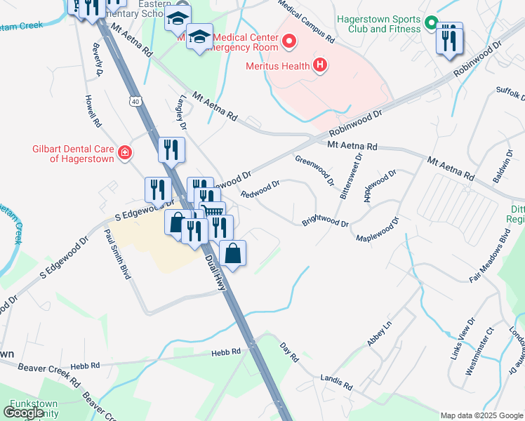 map of restaurants, bars, coffee shops, grocery stores, and more near 15 Brightwood Drive in Hagerstown