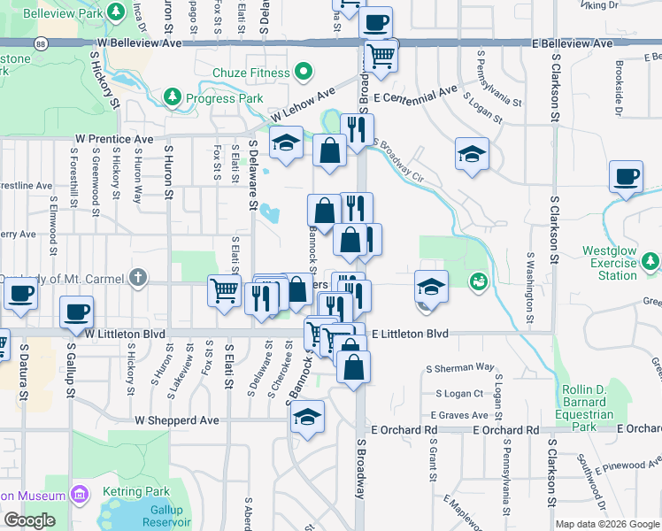 map of restaurants, bars, coffee shops, grocery stores, and more near 5601 South Broadway in Littleton