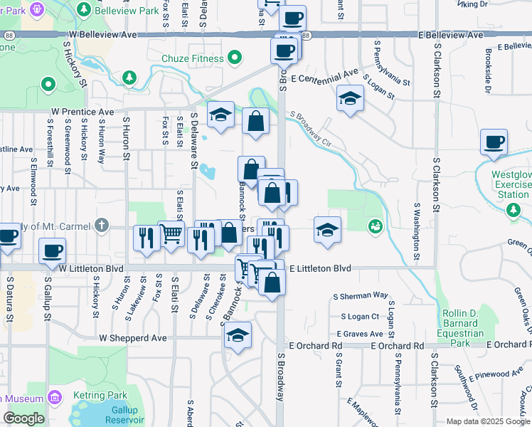 map of restaurants, bars, coffee shops, grocery stores, and more near 123 West Powers Circle in Littleton