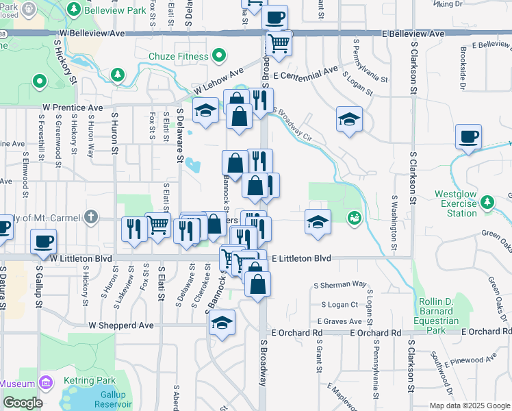 map of restaurants, bars, coffee shops, grocery stores, and more near 5601 East Powers Avenue in Littleton