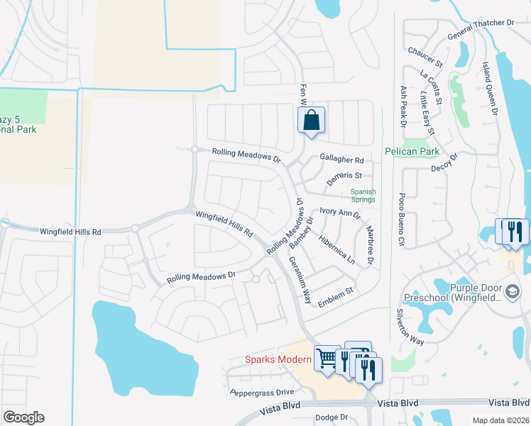 map of restaurants, bars, coffee shops, grocery stores, and more near 6946 Wild River Way in Sparks