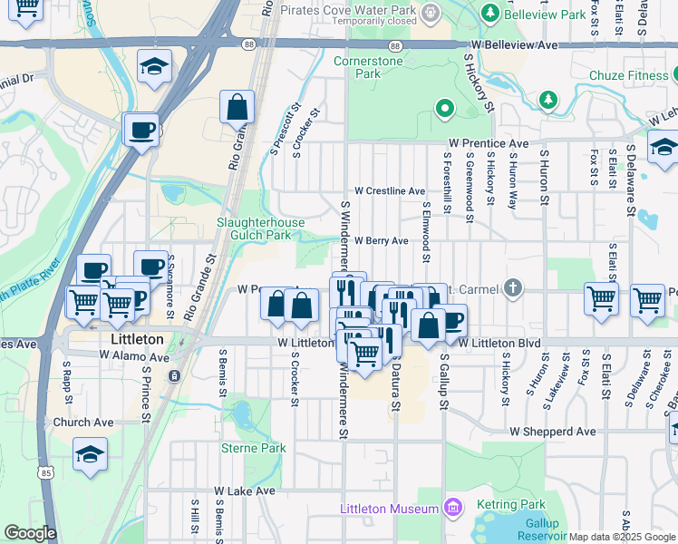 map of restaurants, bars, coffee shops, grocery stores, and more near 5579 South Windermere Street in Littleton