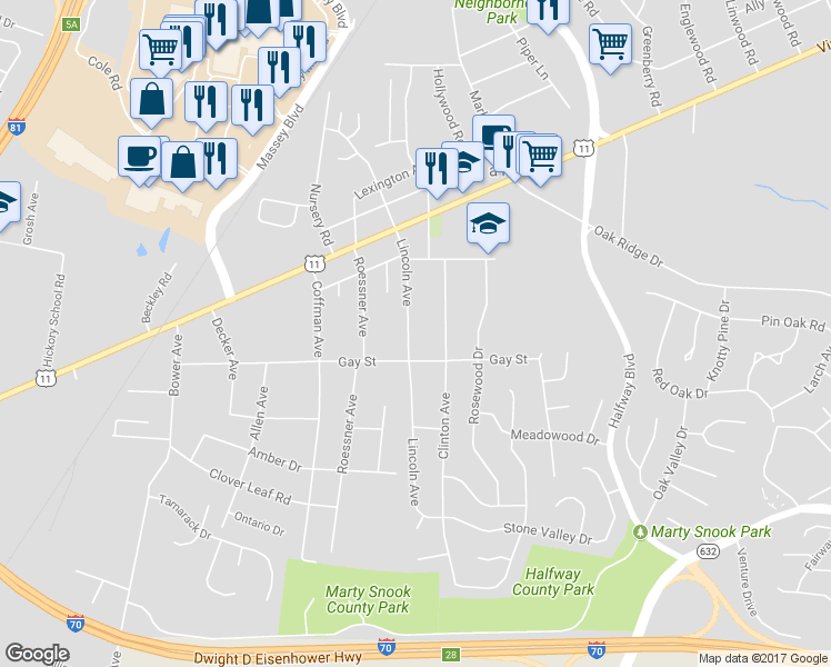 map of restaurants, bars, coffee shops, grocery stores, and more near 11011 Lincoln Avenue in Hagerstown
