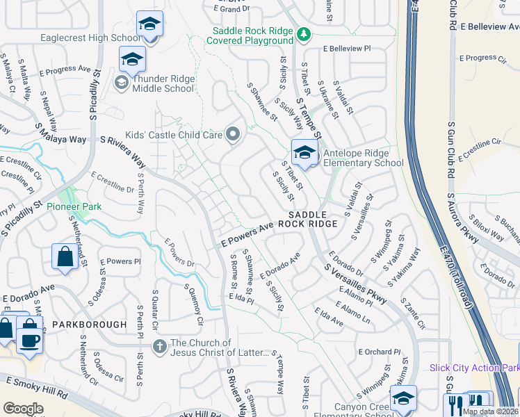 map of restaurants, bars, coffee shops, grocery stores, and more near 5516 South Sicily Street in Aurora