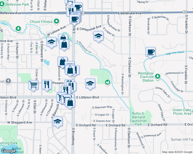map of restaurants, bars, coffee shops, grocery stores, and more near 5532 West Berry Place in Littleton