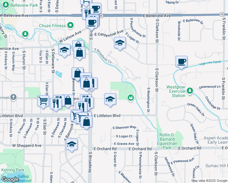 map of restaurants, bars, coffee shops, grocery stores, and more near 15 West Berry Place in Littleton