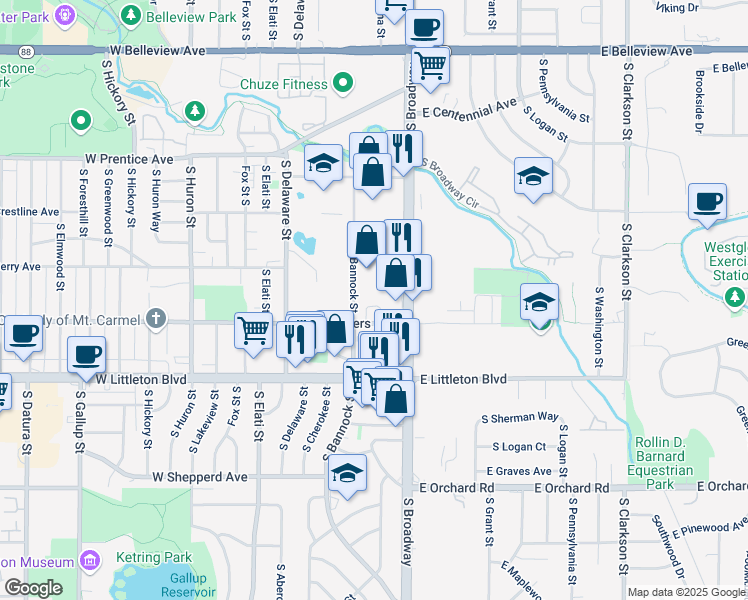 map of restaurants, bars, coffee shops, grocery stores, and more near Unnamed Road in Littleton