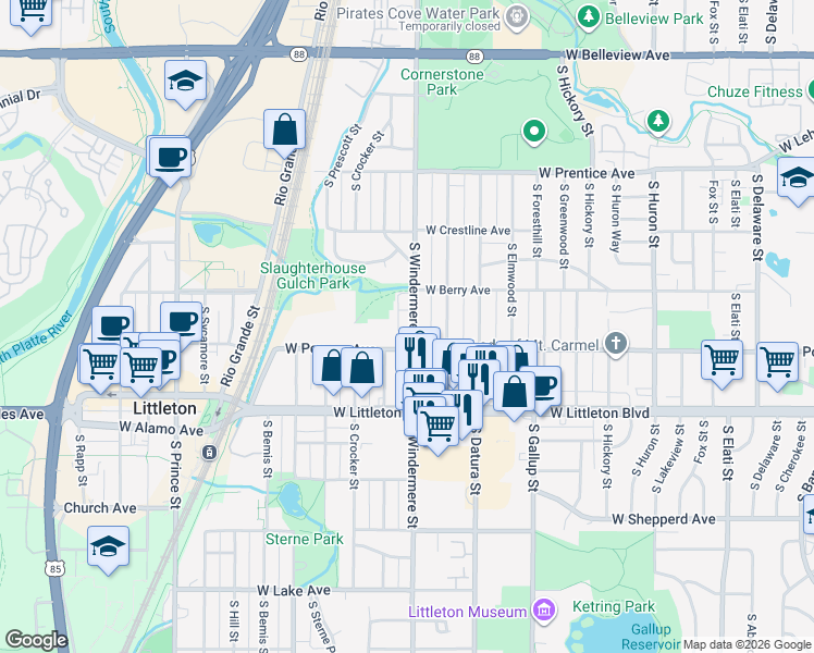 map of restaurants, bars, coffee shops, grocery stores, and more near 5529 South Windermere Street in Littleton