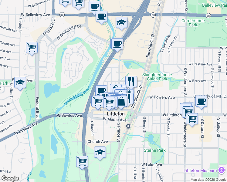 map of restaurants, bars, coffee shops, grocery stores, and more near 5523 South Prince Street in Littleton
