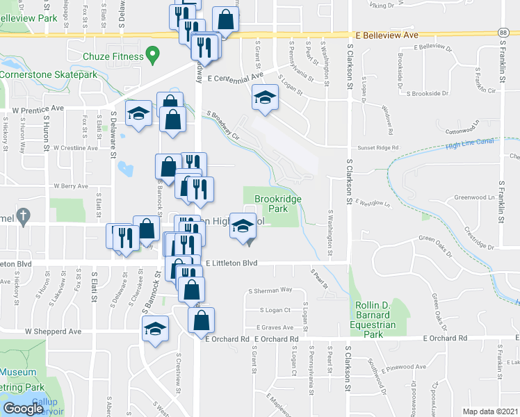 map of restaurants, bars, coffee shops, grocery stores, and more near 5532 West Berry Place in Littleton