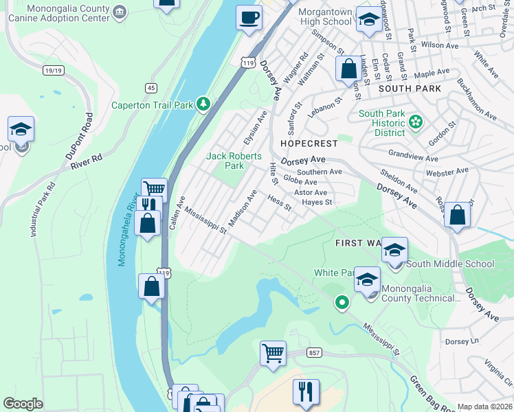 map of restaurants, bars, coffee shops, grocery stores, and more near 516 Adeline Avenue in Morgantown