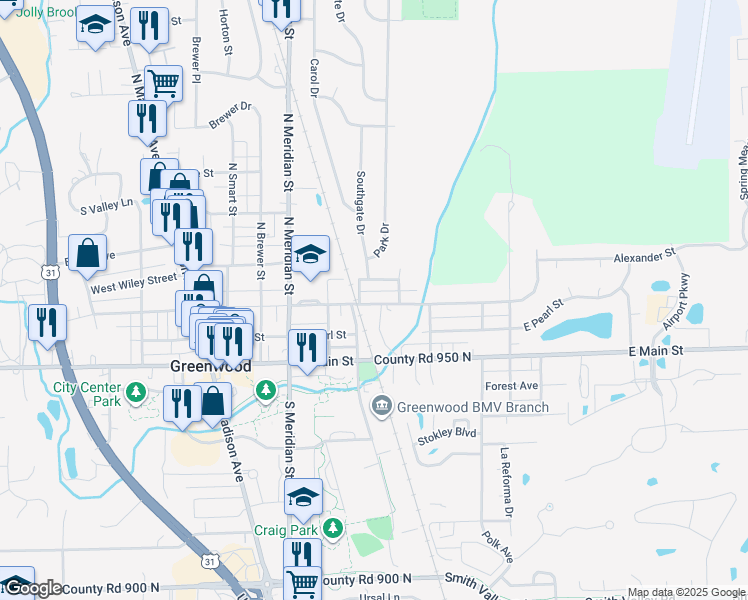 map of restaurants, bars, coffee shops, grocery stores, and more near 236 East Broadway Street in Greenwood