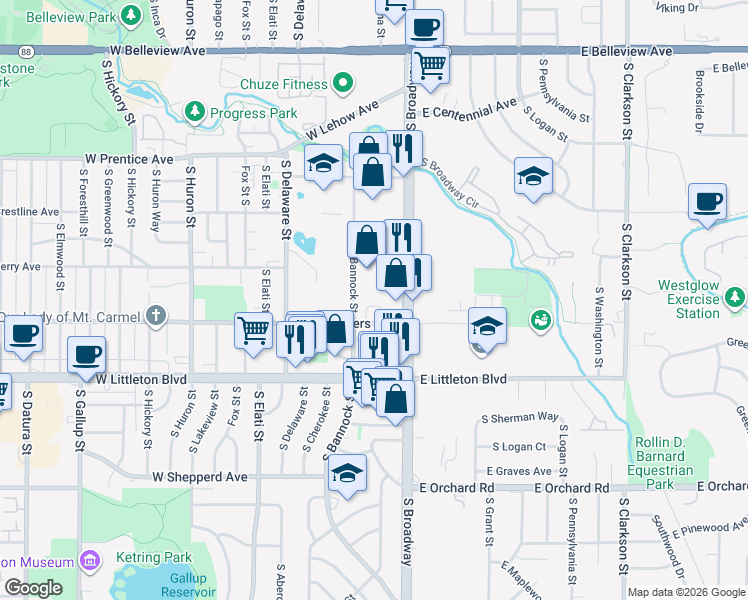 map of restaurants, bars, coffee shops, grocery stores, and more near Unnamed Road in Littleton