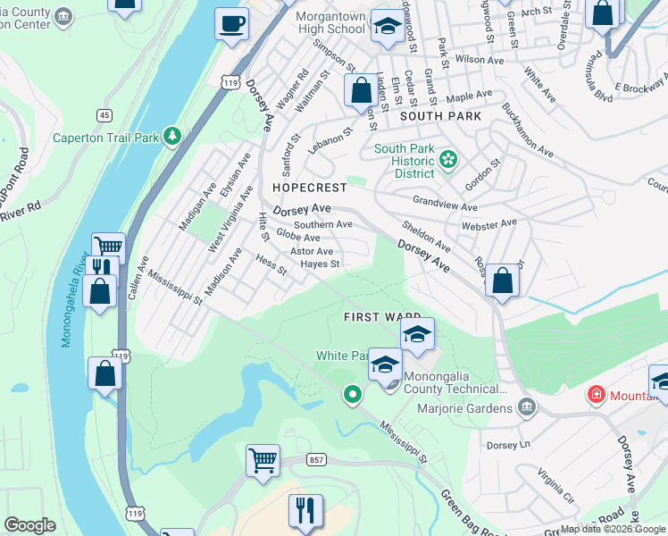 map of restaurants, bars, coffee shops, grocery stores, and more near 482-484 Hudson Street in Morgantown