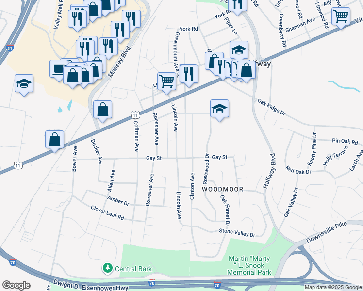 map of restaurants, bars, coffee shops, grocery stores, and more near 11011 Lincoln Avenue in Hagerstown