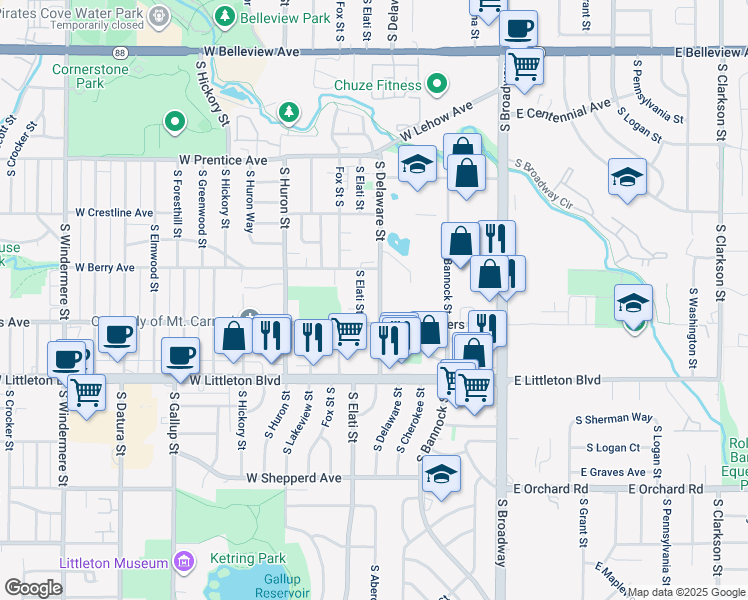 map of restaurants, bars, coffee shops, grocery stores, and more near 5520 South Elati Street in Littleton