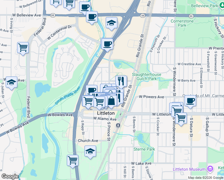 map of restaurants, bars, coffee shops, grocery stores, and more near 5523 South Prince Street in Littleton