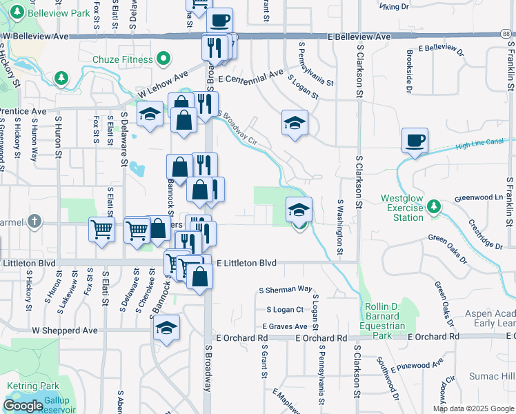 map of restaurants, bars, coffee shops, grocery stores, and more near 15 West Berry Place in Littleton