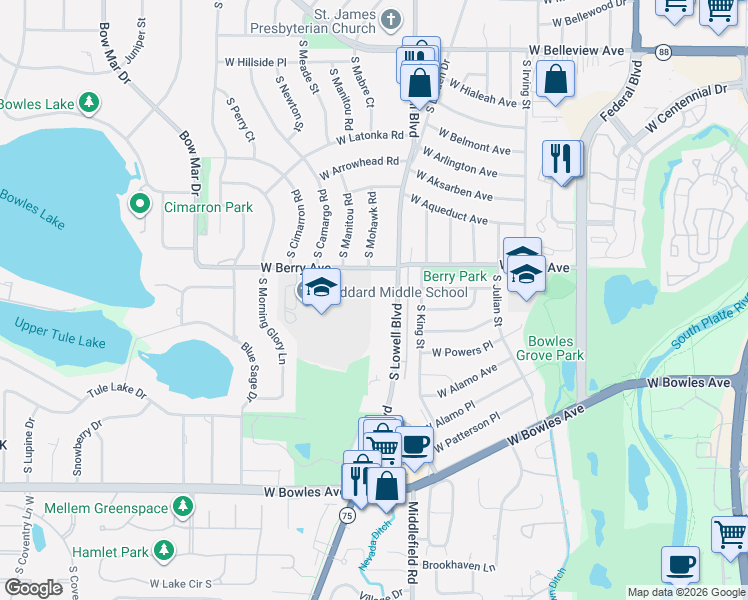 map of restaurants, bars, coffee shops, grocery stores, and more near 5509 South Lowell Boulevard in Littleton