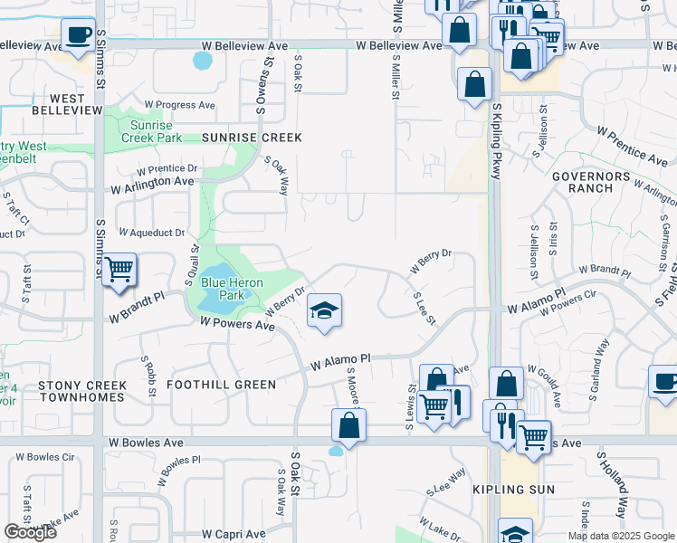 map of restaurants, bars, coffee shops, grocery stores, and more near 10535 West Berry Drive in Littleton
