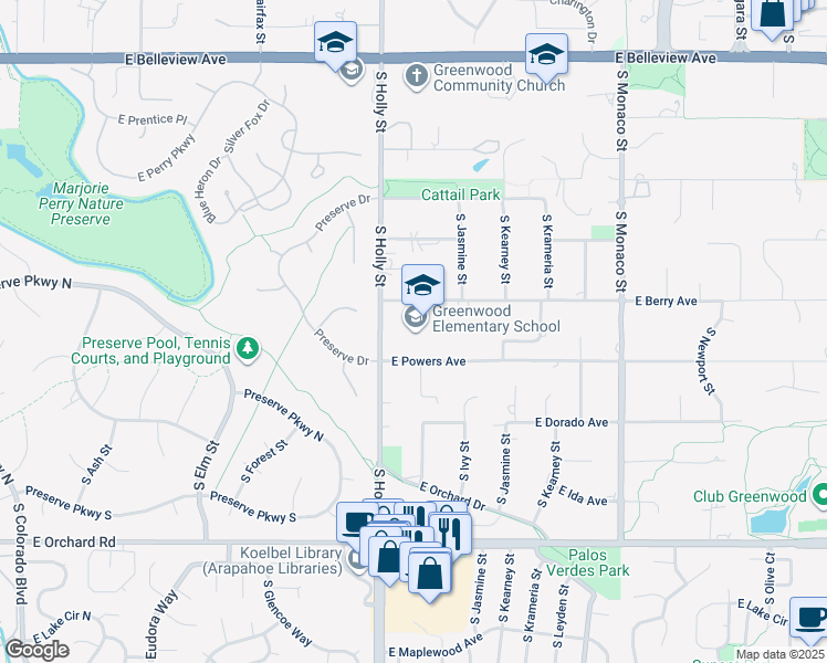 map of restaurants, bars, coffee shops, grocery stores, and more near 5550 South Holly Street in Greenwood Village