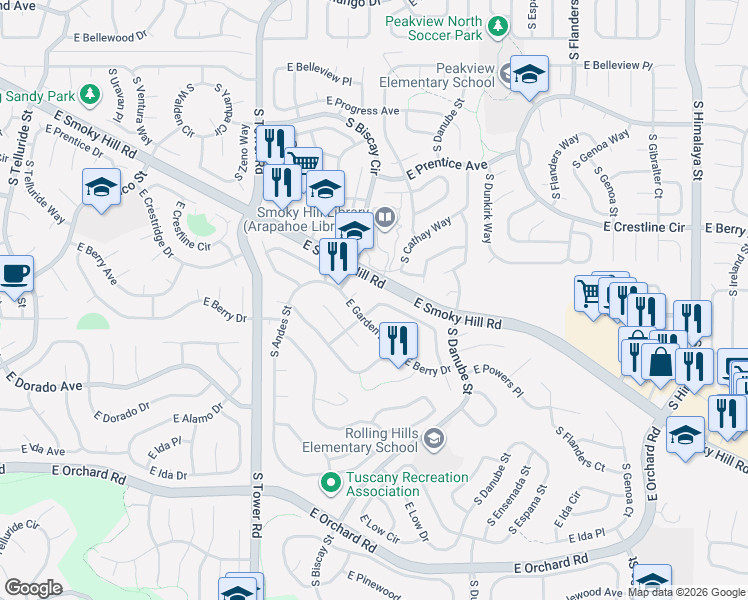 map of restaurants, bars, coffee shops, grocery stores, and more near 19074 East Smoky Hill Road in Centennial