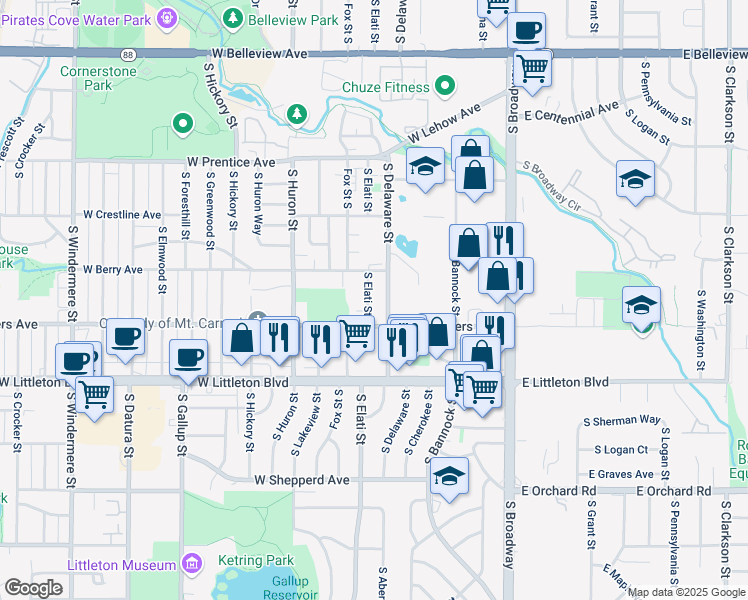 map of restaurants, bars, coffee shops, grocery stores, and more near 5520 South Elati Street in Littleton