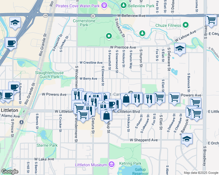 map of restaurants, bars, coffee shops, grocery stores, and more near 5528 South Foresthill Street in Littleton