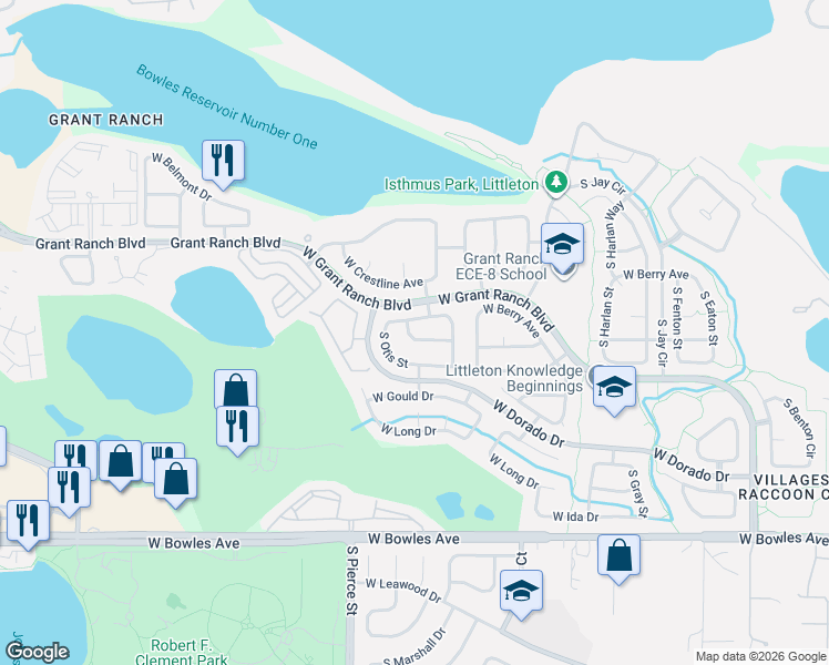 map of restaurants, bars, coffee shops, grocery stores, and more near 6655 West Berry Avenue in Littleton