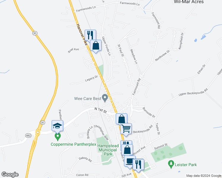 map of restaurants, bars, coffee shops, grocery stores, and more near 4005 Evergreen Drive in Hampstead