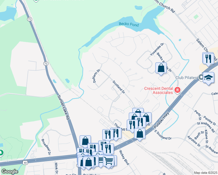 map of restaurants, bars, coffee shops, grocery stores, and more near 102 Hedgewick Drive in Newark