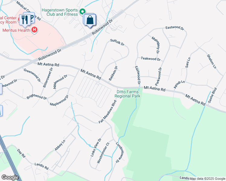 map of restaurants, bars, coffee shops, grocery stores, and more near 1834 Meridian Drive in Hagerstown