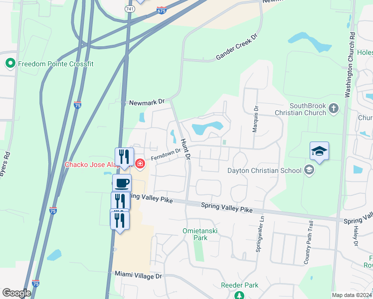 map of restaurants, bars, coffee shops, grocery stores, and more near Hunt Drive in Miamisburg