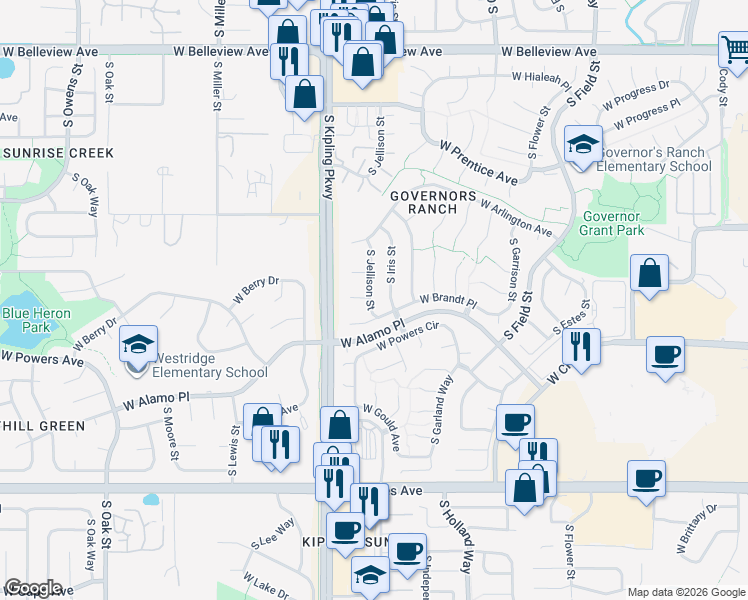 map of restaurants, bars, coffee shops, grocery stores, and more near 5530 South Jellison Street in Littleton