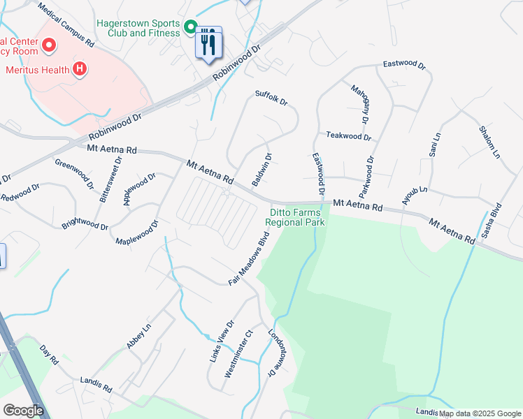 map of restaurants, bars, coffee shops, grocery stores, and more near 1834 Meridian Drive in Hagerstown