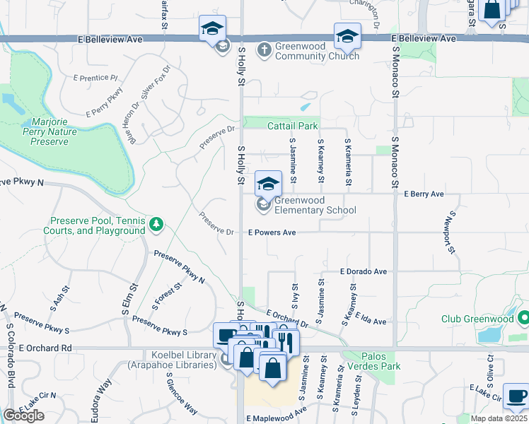 map of restaurants, bars, coffee shops, grocery stores, and more near 5550 South Holly Street in Greenwood Village