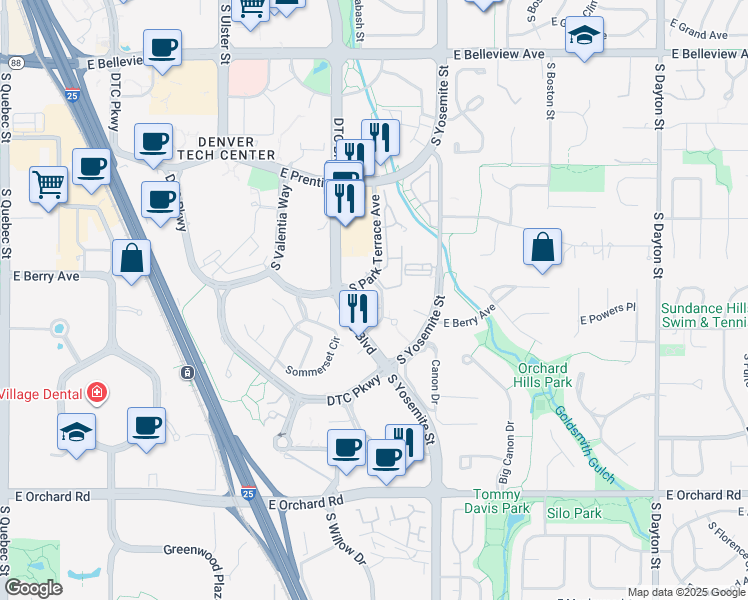 map of restaurants, bars, coffee shops, grocery stores, and more near 5677 South Park Place in Greenwood Village