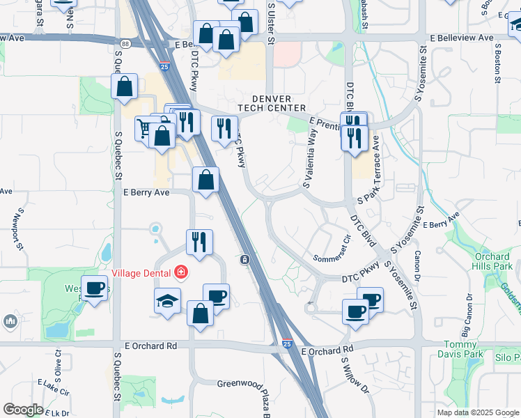 map of restaurants, bars, coffee shops, grocery stores, and more near 5575 DTC Parkway in Greenwood Village
