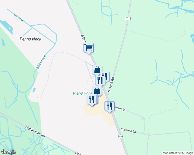 map of restaurants, bars, coffee shops, grocery stores, and more near 677 South Broadway in Pennsville Township
