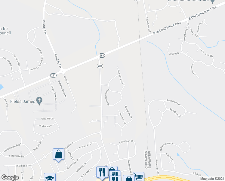 map of restaurants, bars, coffee shops, grocery stores, and more near 1000 Spyglass Drive in Elkton