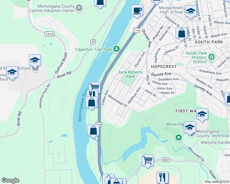 map of restaurants, bars, coffee shops, grocery stores, and more near 653 Callen Avenue in Morgantown